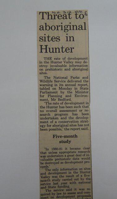 Threat to Aboriginal heritage in Hunter Valley raised in Parliament. Newcastle Herald 1981.